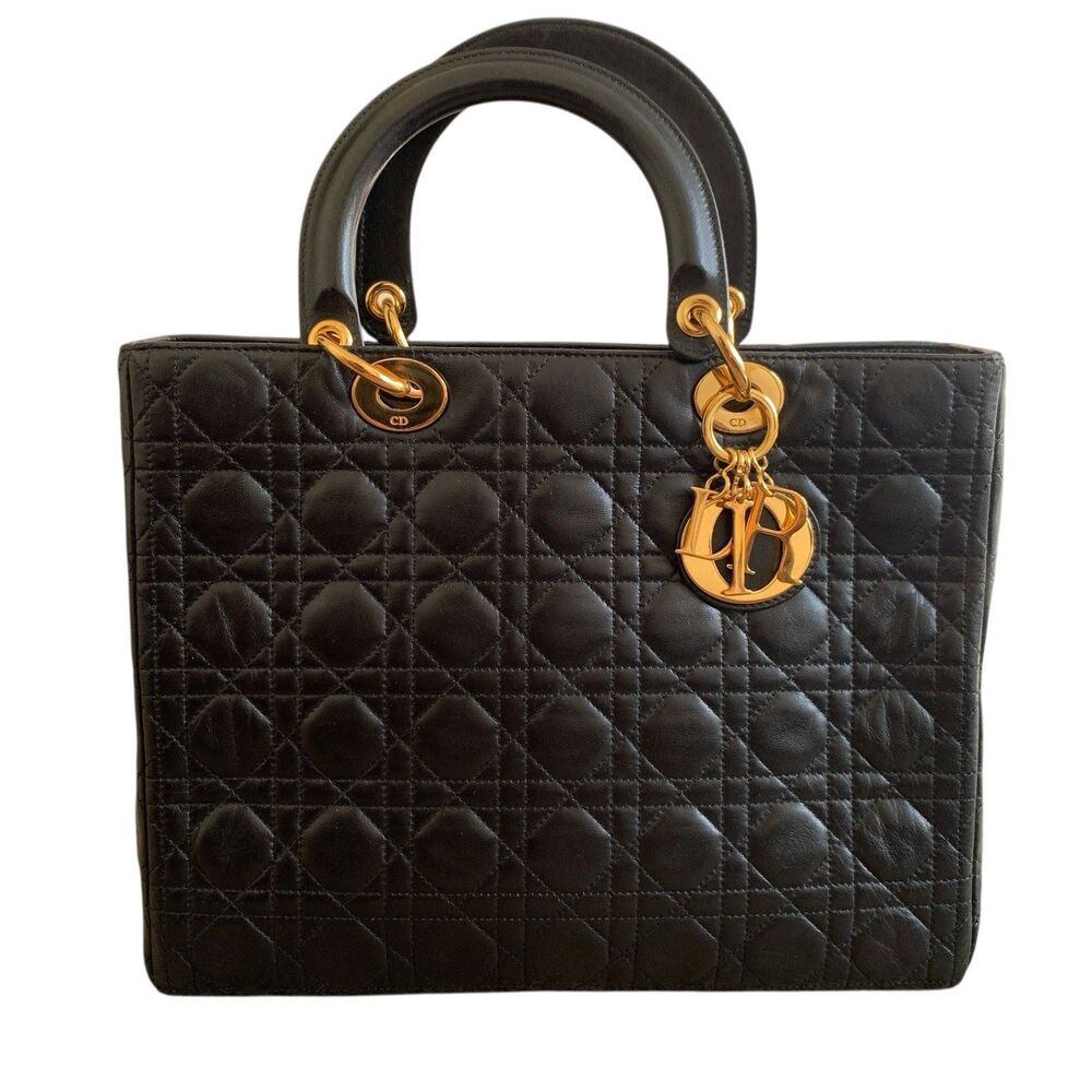 Christian Dior Lady Dior Bag Black Leather Authentic With COA Scrap Removable